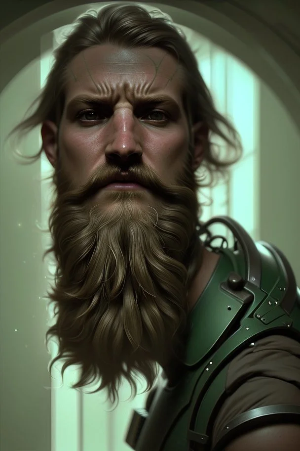 photorealistic male bearded handsome soldier, hyperdetailed painting, luminism, Bar lighting, complex, dark green miltary, 4k resolution concept art, Artgerm, WLOP, Alphonse Mucha, 3d render, octane render, intricately detailed, cinematic, awesome full color, hand drawn, dark, gritty, cinematic