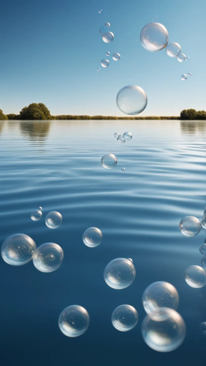 bubbles floating over water with clear blue sky and a low horizon, stock photography