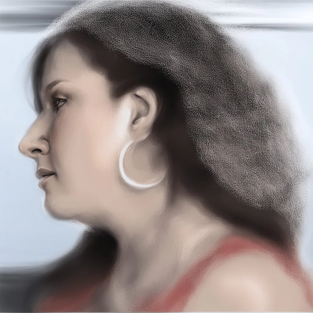 mujer 35 años, gordita, nariz aguileña prominente,pelo suelto,mira ,cara indiferente, iluminacion suave desde arriba, imagen primer plano , dibujo en grafito