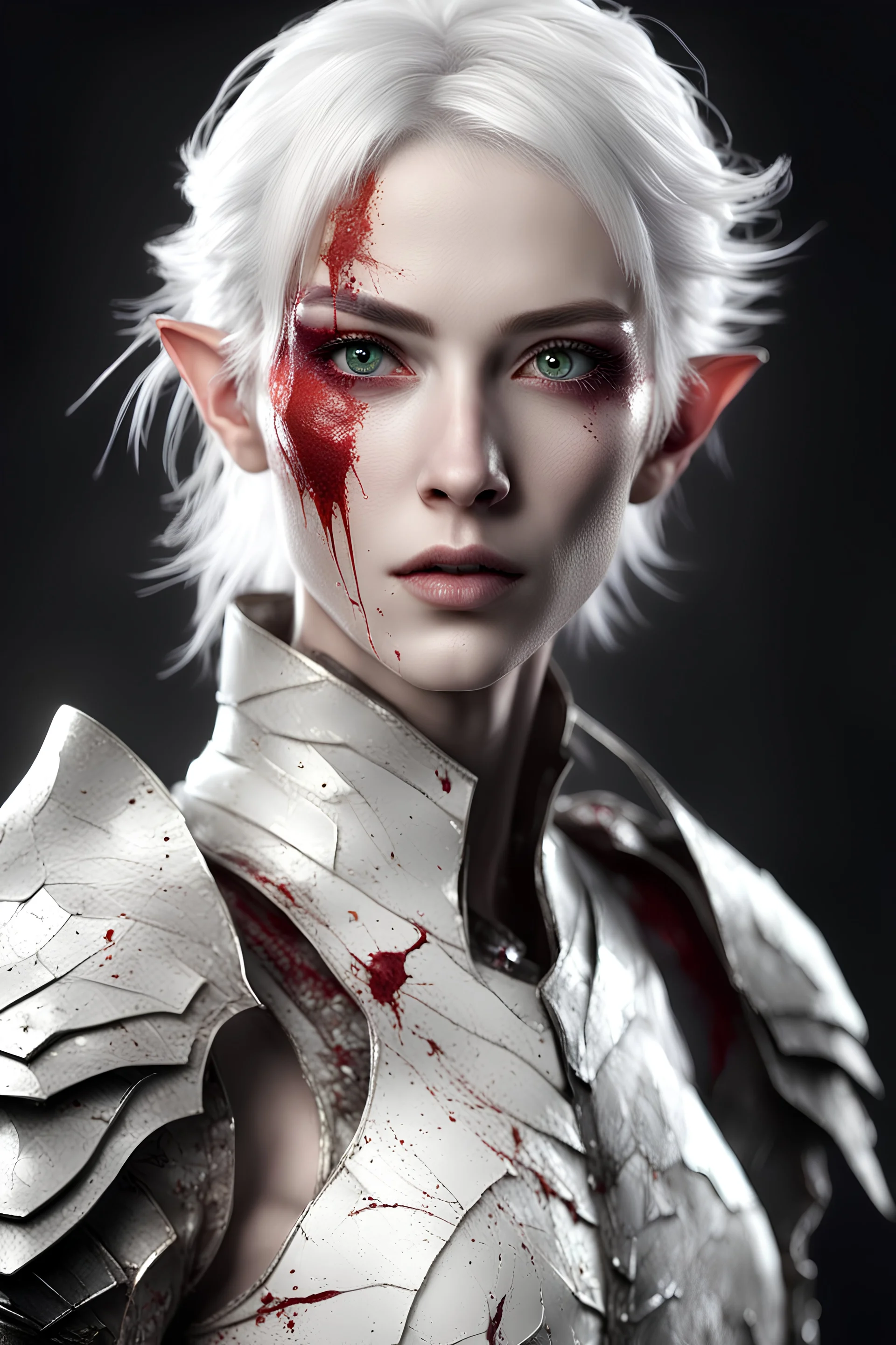 40 years old, female, left cheek sword wound cut scar, blood splatter on left cheek, scarred left cheek, short messy white hair, full body, pale white skin, half elf, detailed eyes, Vivid colors, intricate details, wearing complex fractal white metalic armor, plated armor, reflective eyes, detailed eyes, Cinematic lighting, Volumetric lighting,Photorealism, Bokeh, Very high detail