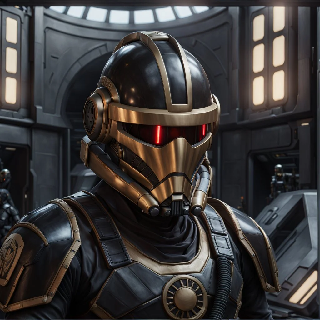 star wars bald male corellian pilot wearing pearlescent black and gunmetal grey First Order special forces heavy assault stealth commando armor and helmet with gold trim inside the jedi temple, hyperdetailed, dynamic lighting, hyperdetailed background, 8k resolution, volumetric lighting, light skin, fully symmetric details