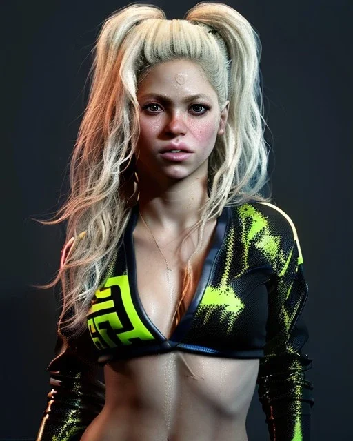 portrait, Shakira, blonde artist, angry, Realistic image, MMA robe, hoodie, mma gloves, loose long hair, eyes, makeup, gold line make up, moisture, sweat, fog, goddess, Neon colors, leds. Black background, photo studio, concept art, smooth, unreal engine 5, god lights, ray tracing, RTX, lumen lighting, ultra detail, volumetric lighting, 3d, finely drawn, high definition, 4k.