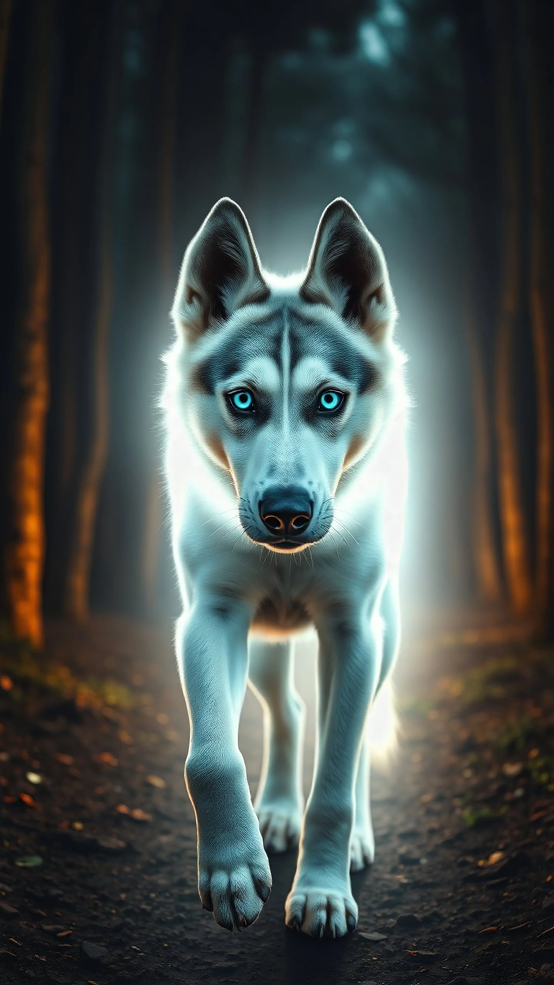 book cover art, a rather skinny, beautiful, gentle-looking light-gray-and-white Alaskan husky with large turquoise eyes is glowing brightly from within with a brilliant, unearthly, magical white light and walking towards the camera in a forest at night, highly detailed, dramatic lighting, wide shot view, long-distance shot, vibrant colors, highly realistic, photorealistic, book-cover-worthy