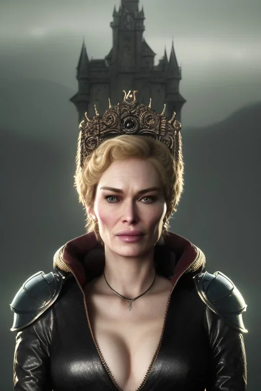 Cersei Lannister as evil queen in black leather, lena headay, leather, busty, cleavage, angry, rage, stern look. character design by cory loftis, fenghua zhong, ryohei hase, ismail inceoglu and ruan jia. unreal engine 5, artistic lighting, highly detailed, photorealistic, fantasy