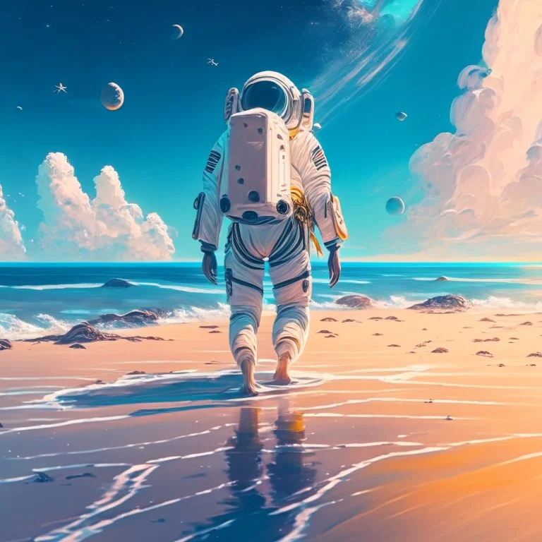 An astronaut walking on the beach of a beautiful sea, digital art, anime style, 4k, full details, high resolution