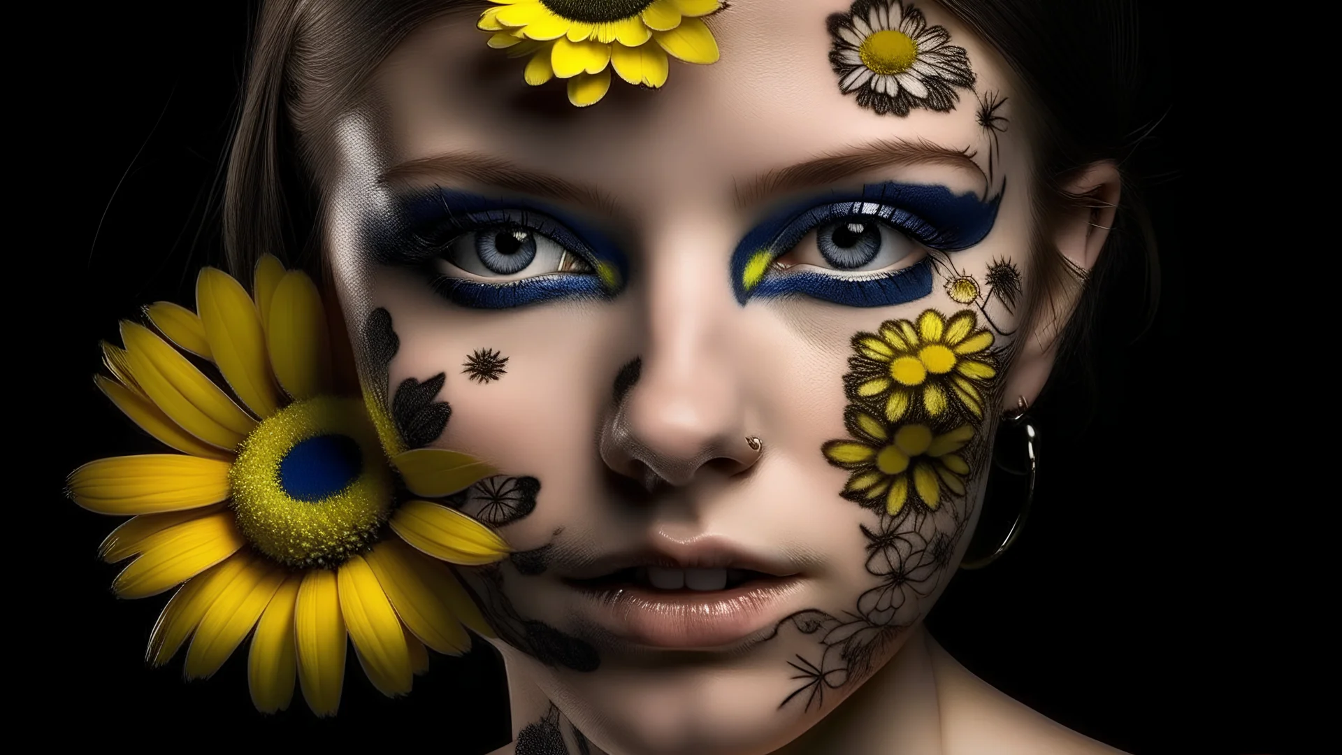 The tattooed face of a woman adorned with daisies creates a striking and unique look, blending beauty with individuality.