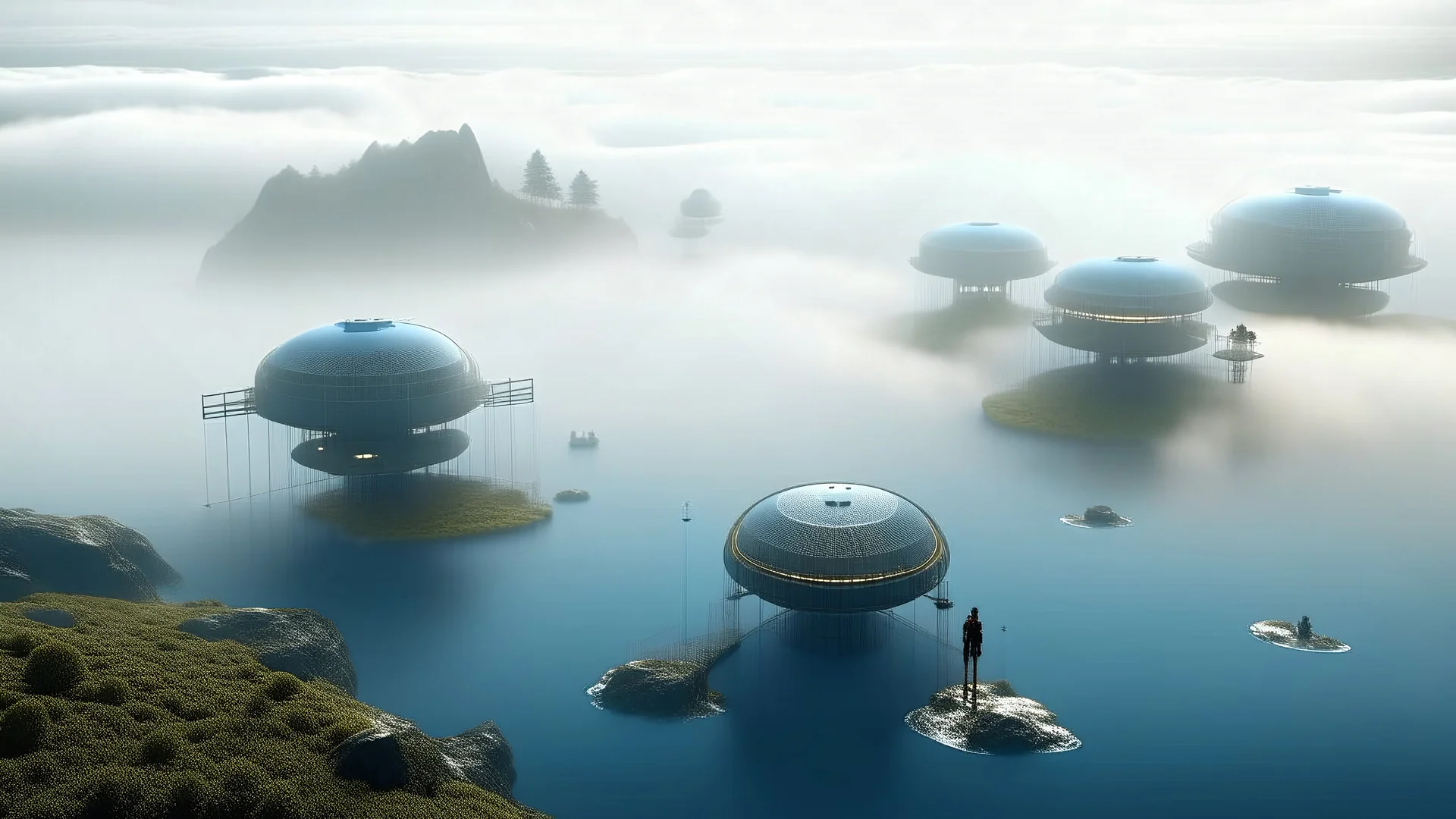 A chain of artificial islands floats in a sea of super-dense fog, each island a self-contained ecosystem. The islands are tethered together by bridges of solidified cloud, manipulated by advanced weather control technology. Inhabitants traverse the foggy expanse in personal flight suits that generate localized clear-air bubbles. On one island, a massive holographic display projects real-time data from across the planet, its images distorted and refracted by the swirling mists. A transport ship e