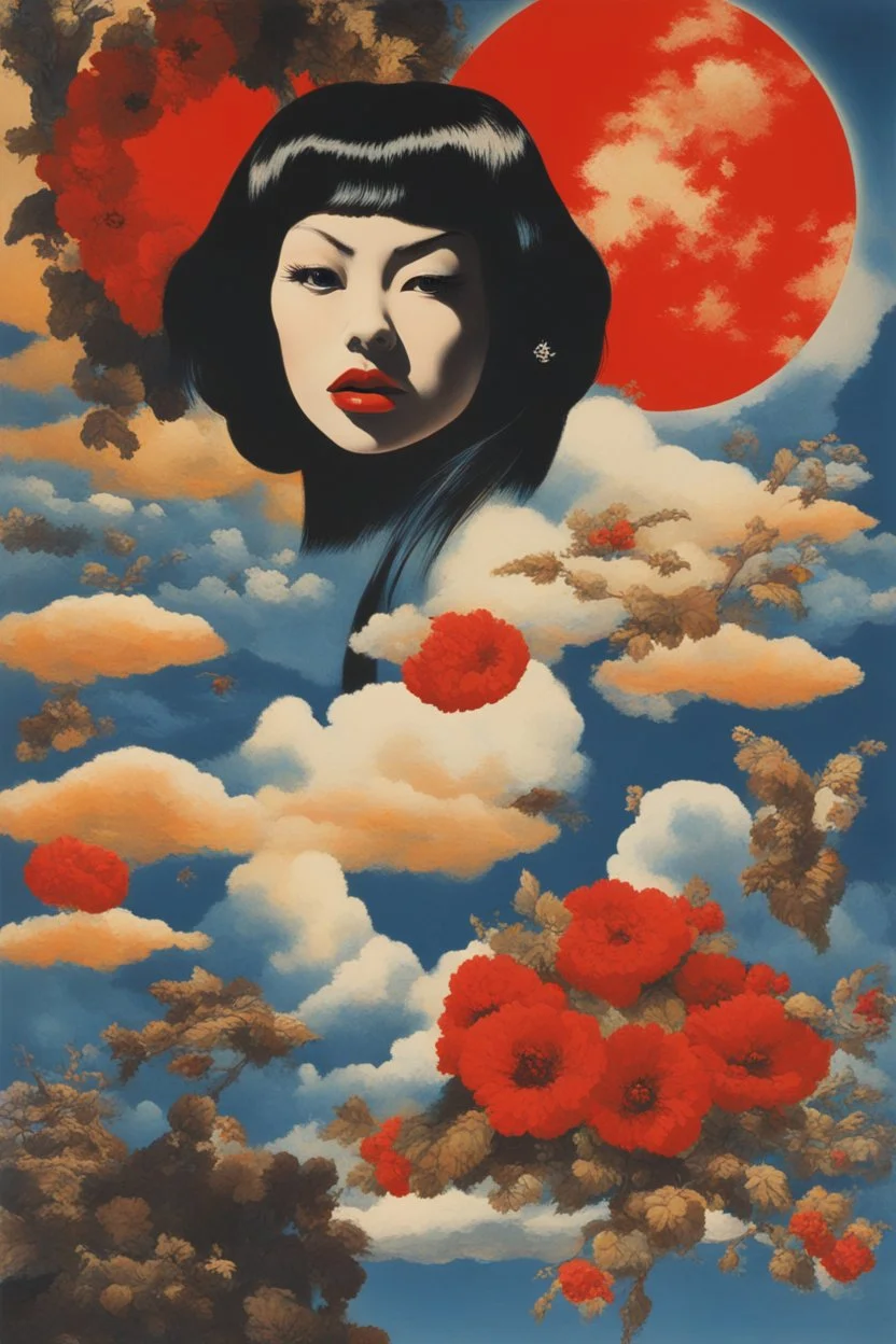 psycho art,cloud in blue sky, a red lip, collage art, shuji terayama, dreamy objects, surreal, criterion collection, showa era, intricate details, mirrormugshot, Planet of the Apes, blue, large, floral designs, atmospheric, beautiful, China Doll, oil painting by Frank Frazetta