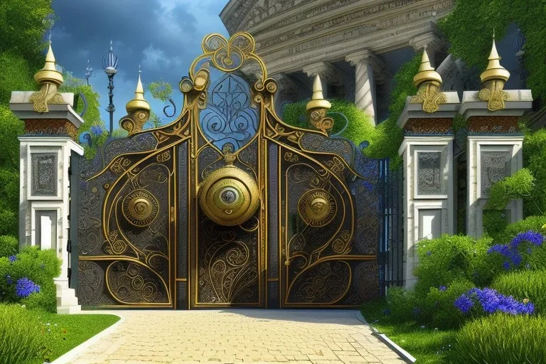 intricate ornate gate, garden, path, flowers, fine detail, Steampunk