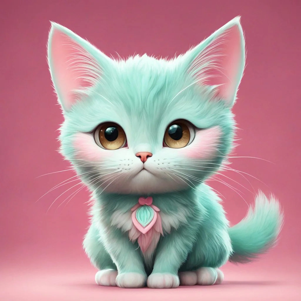 A delightful and adorable cartoon illustration featuring a cute mint-colored cat against a charming pink background, (delightful illustration:1.4), (adorable cartoon cat:1.5), (charming pink background:1.3), (expressive mint hues:1.2), inspired by the styles of cute cartoon artists, trending on ArtStation, Intricate, Sharp focus, vibrant lighting, (whimsical:1.4), (playful ambiance:1.3), (lush fur details:1.5), Cartoon, Masterful, Captivating, High Detail, Cinematic view