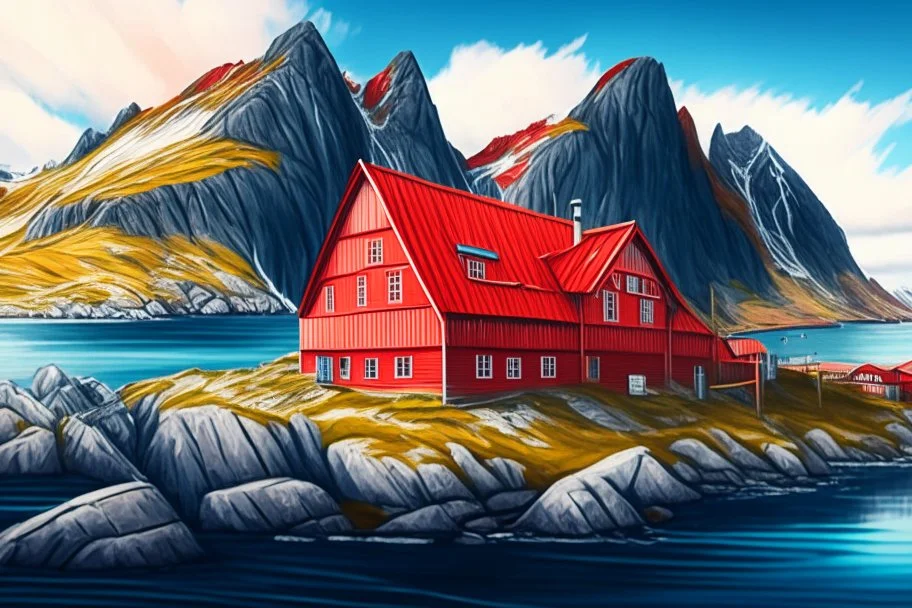 Drawing of the colorful nature of Lofoten Island in Norway, with a characteristic red houses, Ultra Realistic, ultra HD, Very detailed background