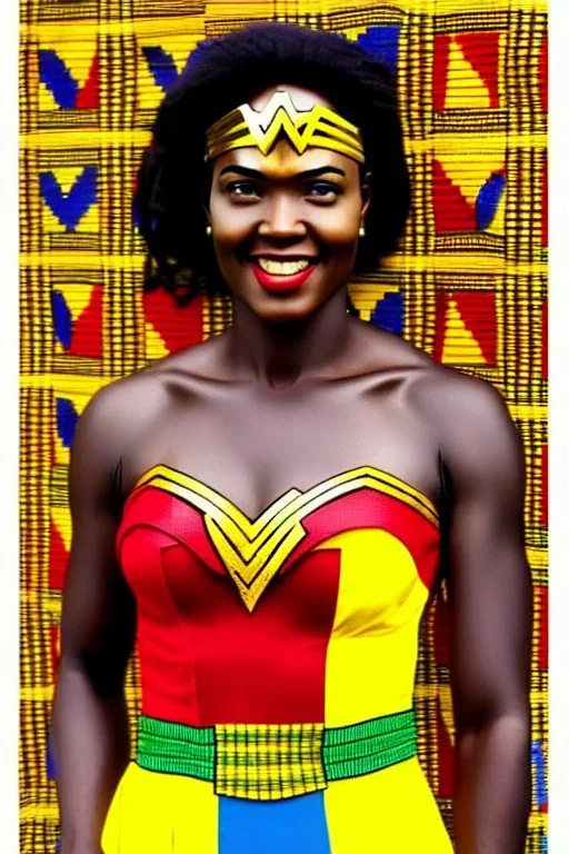 wonder woman in Kente costume portrait, cinematic, ghana colours, african pattern, engraved, high detail