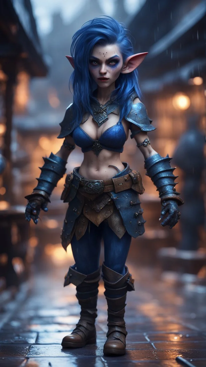 full figure with metallic stone gauntlets holding dark blue jagged dagger, standing on wet tiled floor outside fantasy tavern, focused female South Sudanese vampire gnome from worms armageddon wearing makeup, bokeh like f/0.8, tilt-shift lens 8k, high detail, smooth render, down-light, unreal engine, prize winning