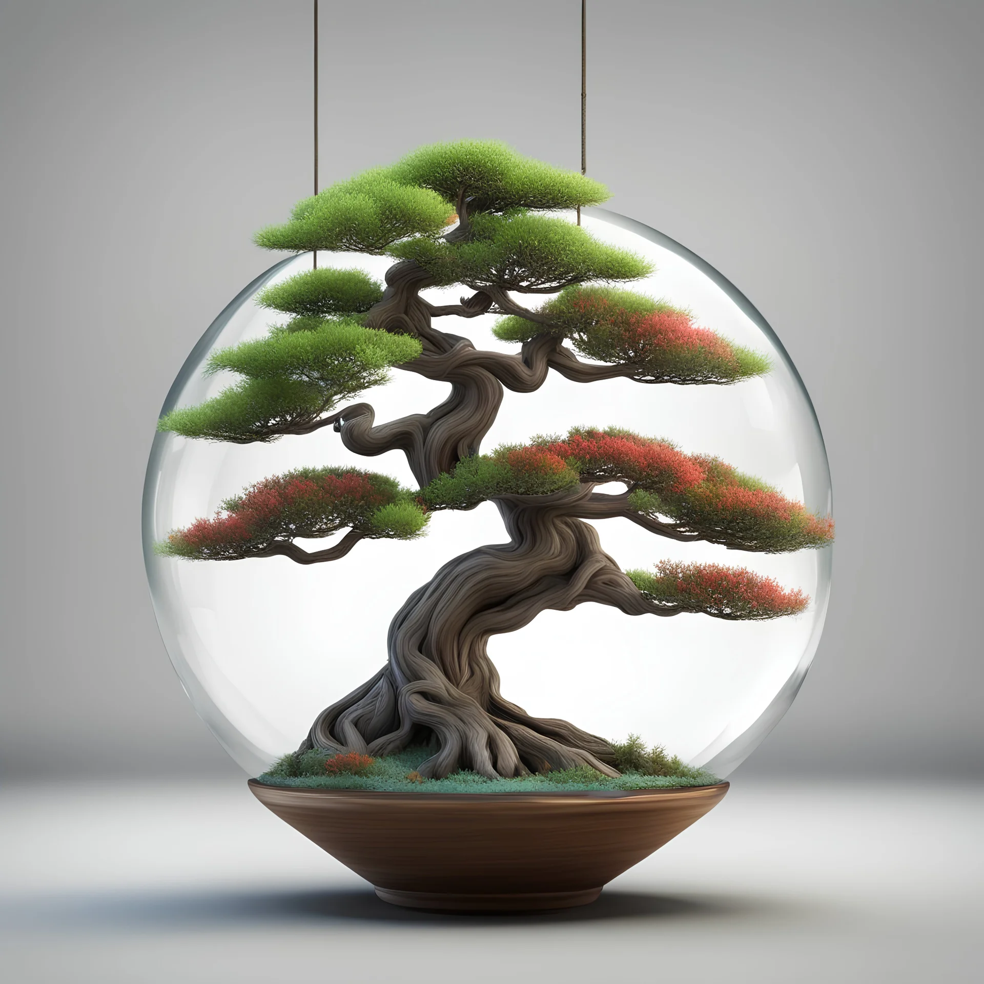 3D, A bonsai tree with realistic colors inside a glass ball hanging from a tree branch