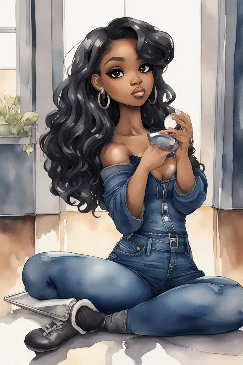 Create a futurism magna watercolor pain art of a black chibi curvy female sitting on the floor looking at herself in a hand mirror. She is wearing tight blue jeans and a black off the shoulder blouse. Prominent make up with lush lashes. Highly detailed long wavy hair. She is also wearing silver large hoop earringsart of a black chibi curvy female sitting on the floor looking at her cell phone. She is wearing tight blue jeans and a black off the shoulder blouse. Prominent make up with lush lashes