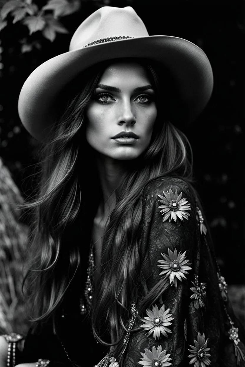 hippie cowgirl, a top less woman, a spanish beauty supermodel with hypnotic eyes, mystic eyes, longer hair, beautiful face, beautiful skin, realistic analog photography with a real normal beauty, no bra, middle parting, beautiful like a supermodel from the sixties, helmut newton, peter lindbergh, beautiful face, beautiful skin, realistic analog photography with a real normal beaut, most beautiful female without clothes, david hamilton, bilitis, tendres cousines, riders on the storm, psycedelic