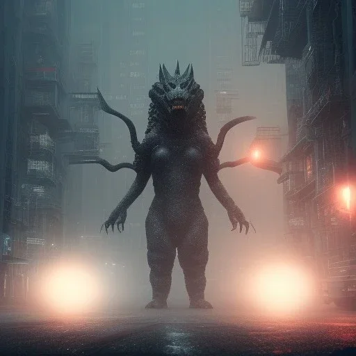 Kaiju, female monster, humanoid bodybuilder, giant, horrorpunk,futuristic, city, smoke, rain, digital illustration, fantasy, architecture, sharp focus, concept art, octane render, scary, 8 k