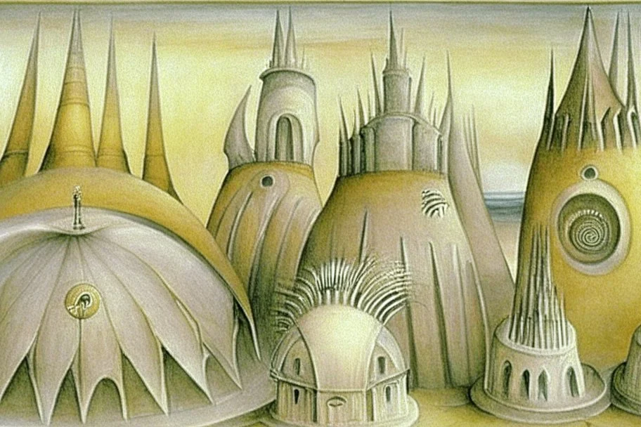 nautilus shell buildings and towers by artist "Leonora Carrington"