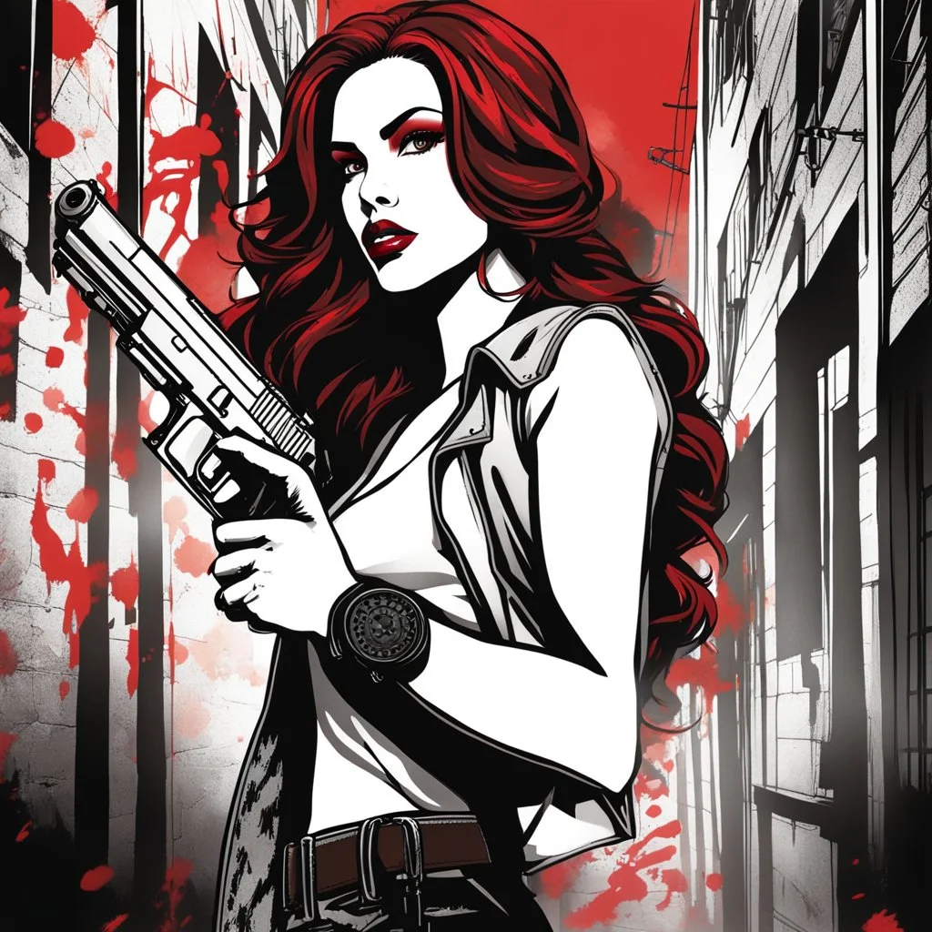 A bold woman with long, cascading brown hair and striking red eyes, exuding a 'bad girl' vibe, confidently holding a gun. She stands in a gritty modern American back alley, surrounded by graffiti-covered walls and dimly lit streetlights. The scene captures an atmosphere of tension and attitude, with shadows casting dramatic effects on her determined expression and stylish outfit.