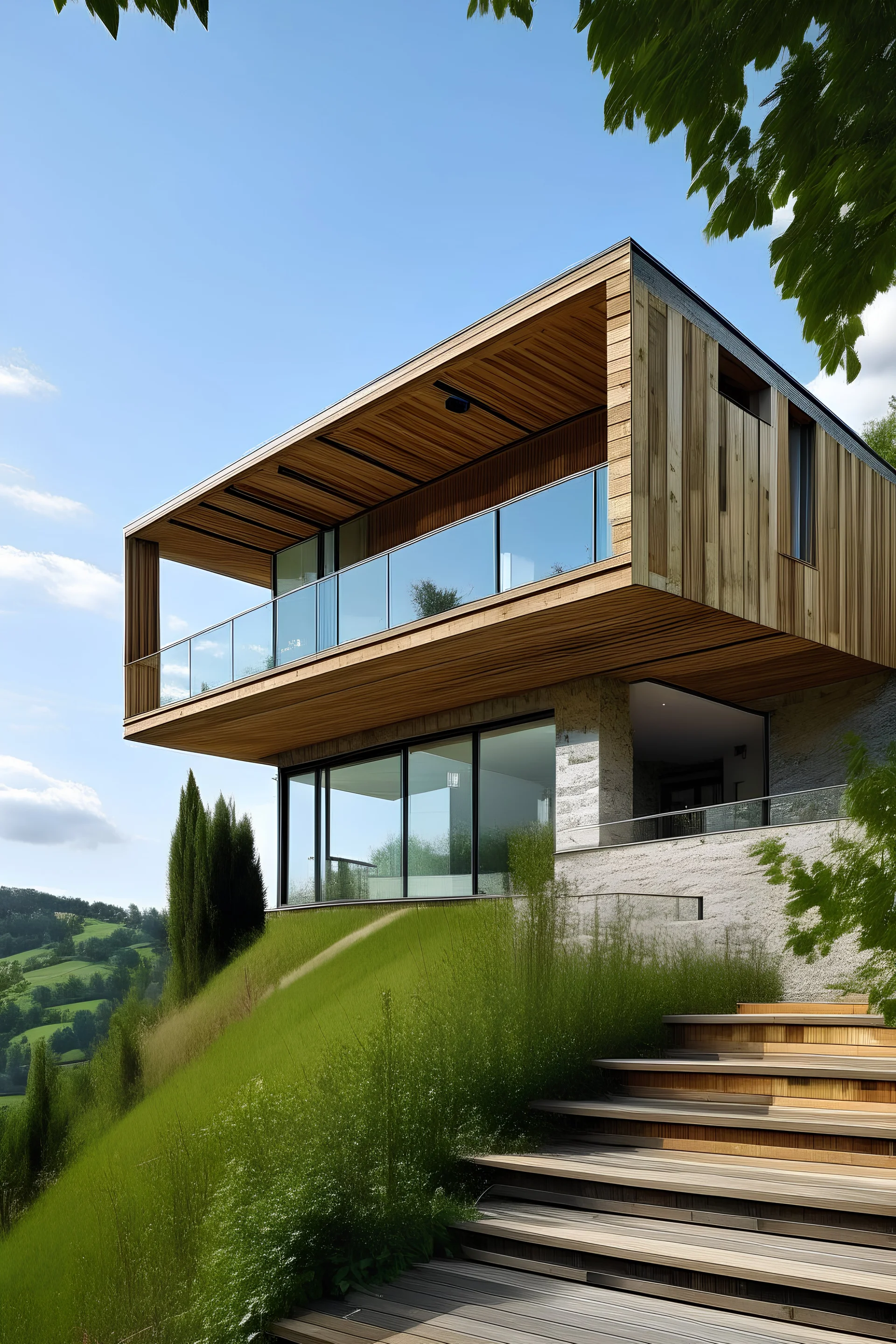 haus am hang aus beton modern, holzfenster, grosse holzterrasse, pool aus edelstahl schmaler dachrand