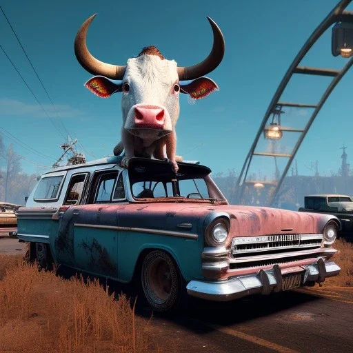 happy cute model sitting on roof of a caravan, wreckfest, spectacular graphics, unreal, road, bridge, fallout 4, mutant cow, guns