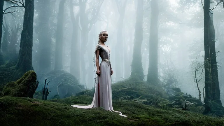 whole body image of beautiful Daenerys Targaryen in a mystical enchanted forest standing next to a dragon, HD 8K, sharp detail, hyperrealistic photo accurate face and features, cinematic lighting