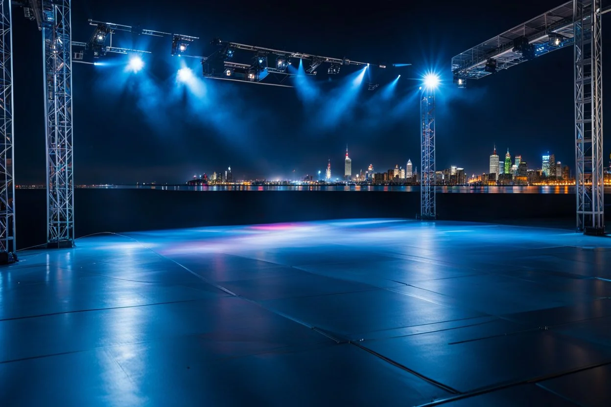 a big open disko stage in modern city in a very big square , at distance,blue sky pretty clouds ,night .