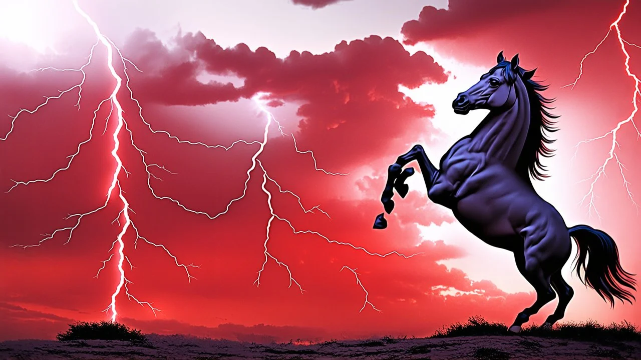 full silhouette of a horse rearing up(on left side, outlined by lighting), cloudy red sky, lightning bolts(from top to bottom left), digital illustration