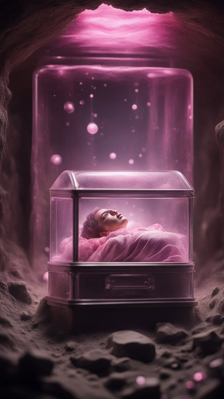 full body portrait of soap star sleeping in a glass casket sarcophagus filled with calm transparent pinkish embalming liquid inside coal mine shaft,bokeh like f/0.8, tilt-shift lens 8k, high detail, smooth render, down-light, unreal engine, prize winning