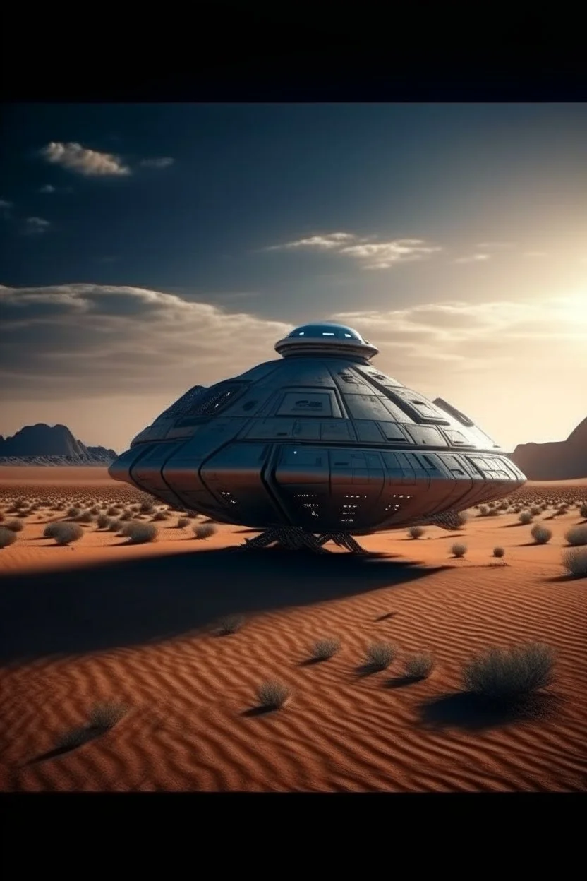 cinematic photo of a stunning spaceship landed in the desert