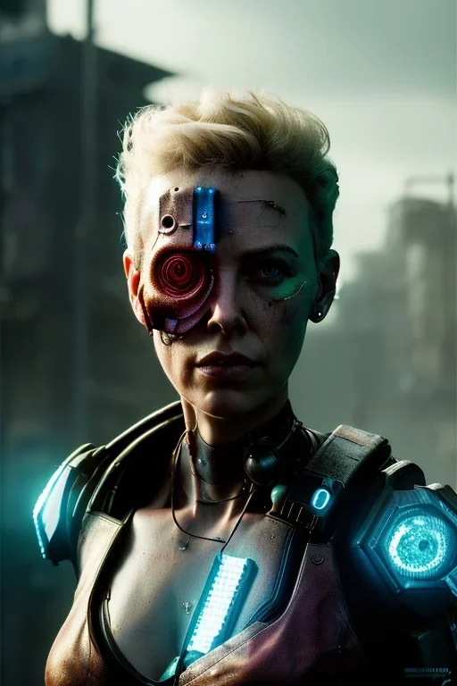 A portrait post-apocalypse cyborg CHARLIZE THYRON in a cyberpunk city, sci-fi fantasy style, 8k, volumetric lighting, particales,highly detailed,cinematic, deep scars on face,deep colours.