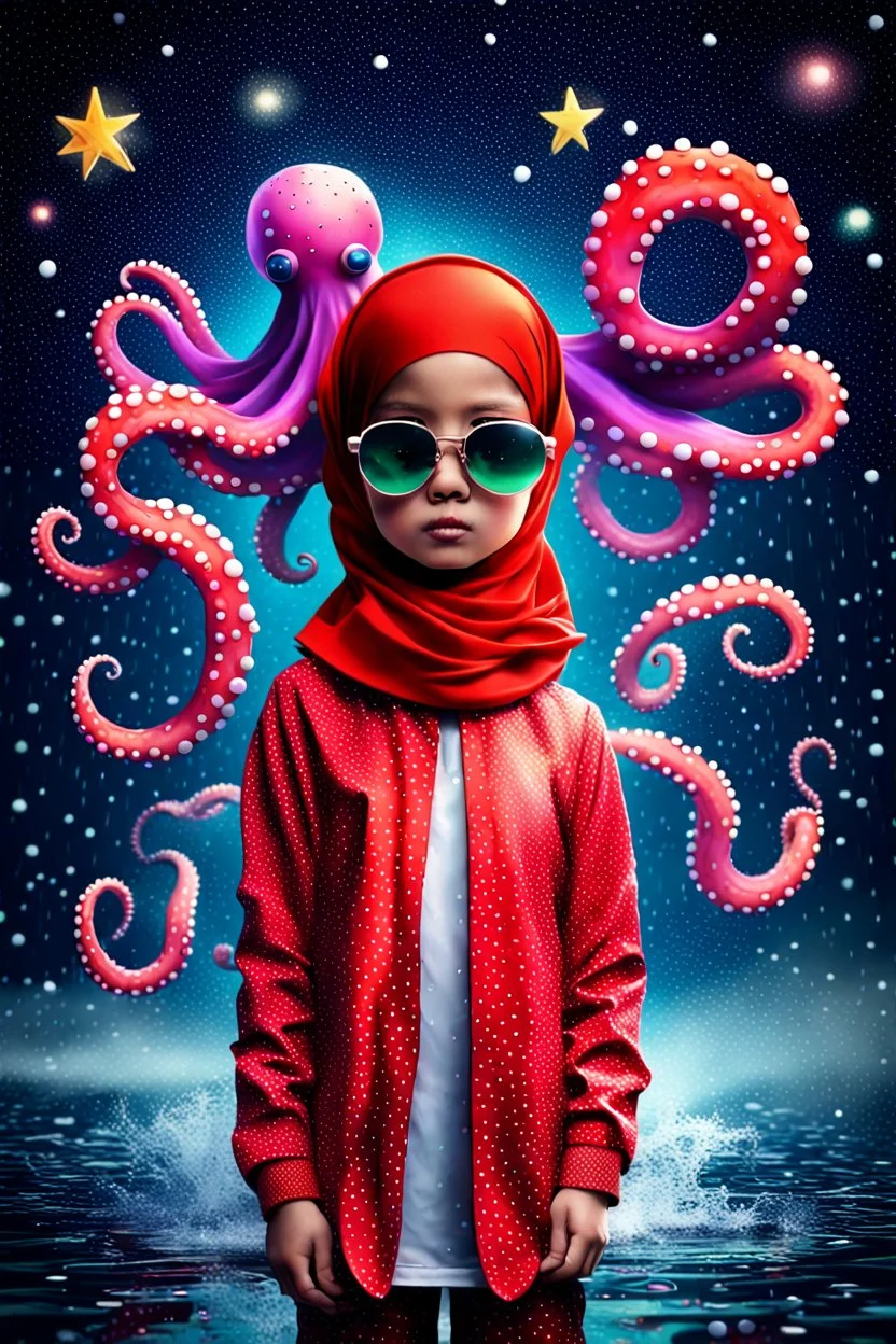 Little girl hijab indonesia clothing an octopus, red hair, octopus on head, long tall, falling comets, reflective sunglasses, heavy rain, outer space, shooting stars, dramatic light, laser beams, in the water, battlefield face made of dots, pointillism, with text addie digi, dotted multicolored shapes, symmetrical, digital art, hologram, virtual reality, digitized structure, ultra detailed, 3d render, trending on, by addiedigi