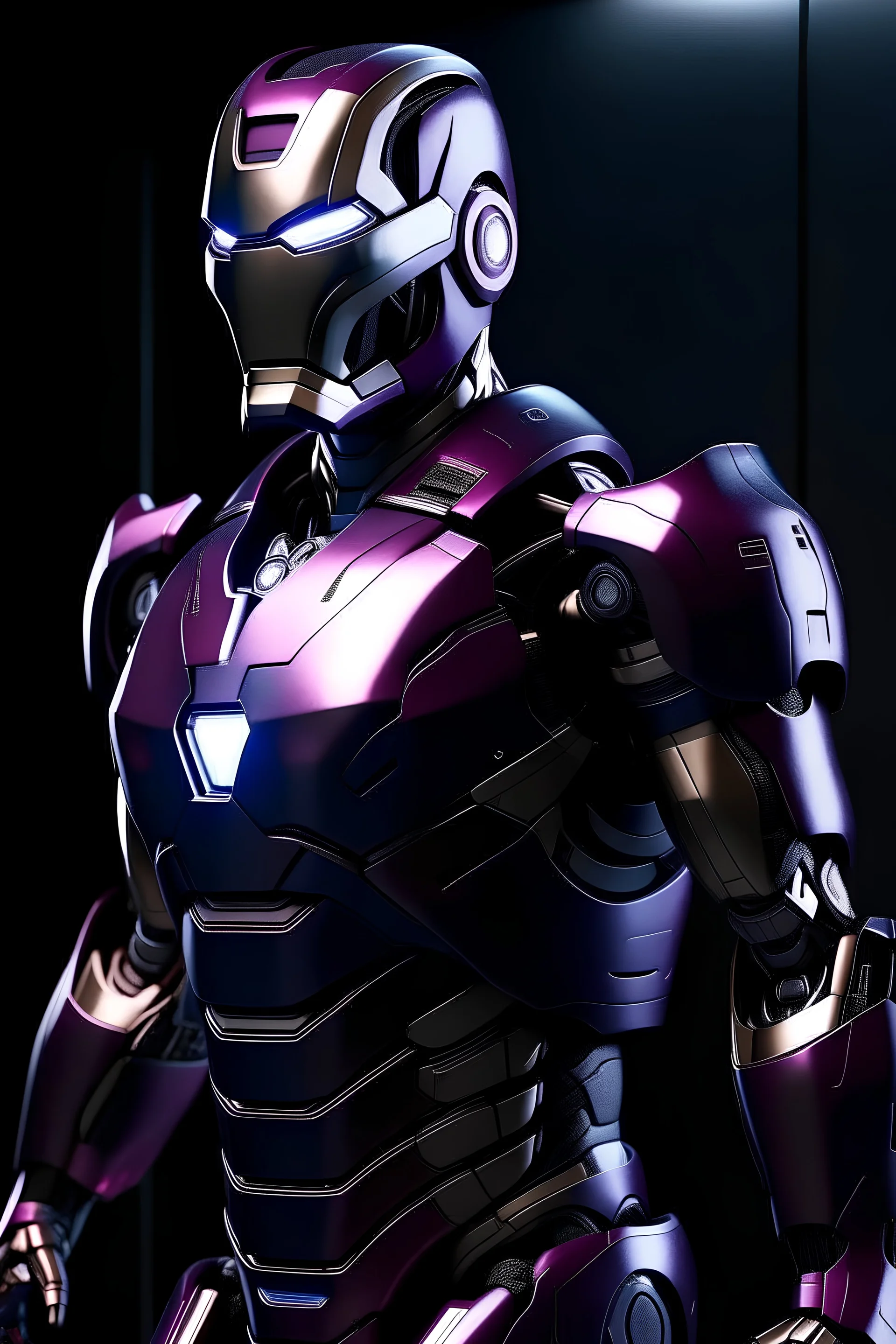 a sleek high tech iron man suit with purple colors