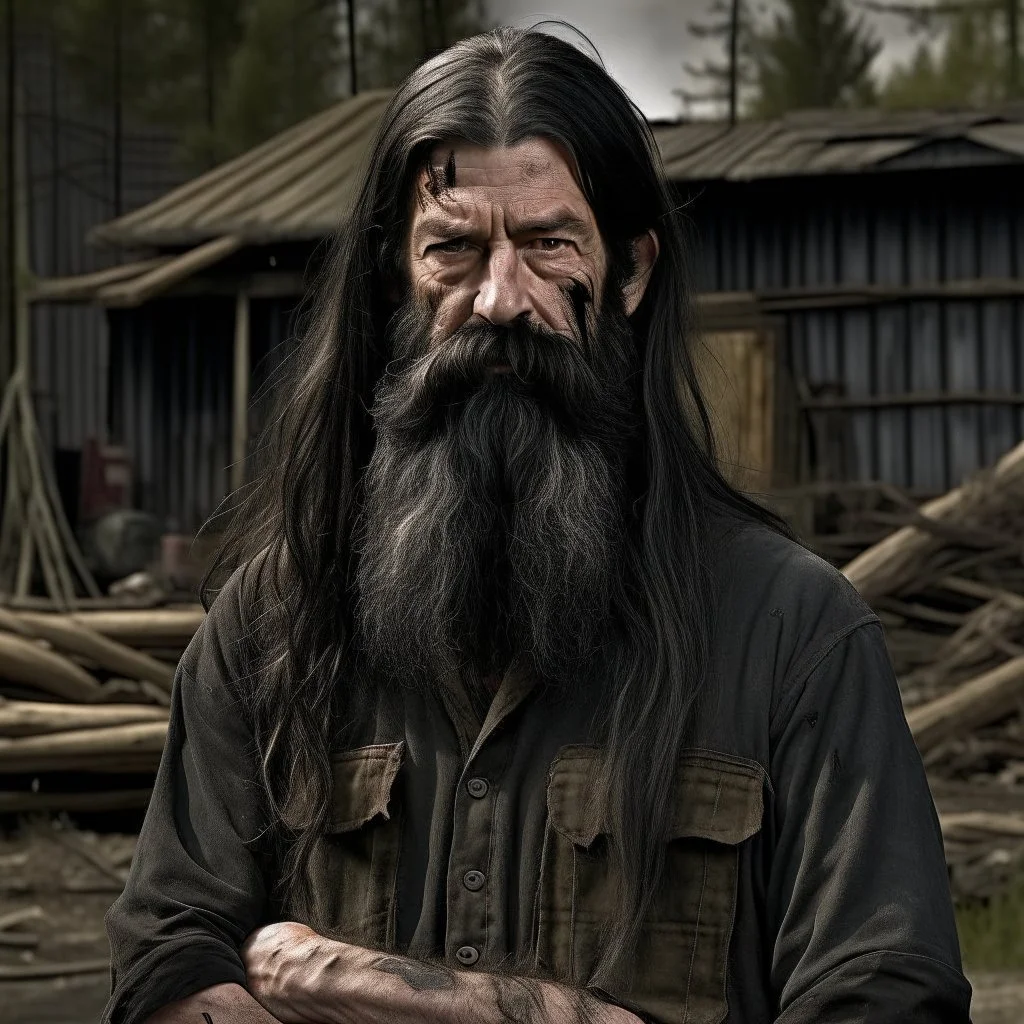 The large and furious black haired lumberyard owner "Big K" grimdark realistic apocalypse survivor