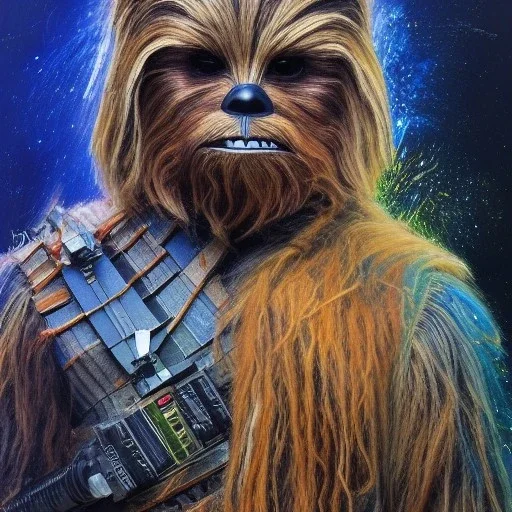 photorealistic and intricate portrait of chewbacca in star wars by Carne Griffiths, wearing beskar armor, deep dark colors, hyperdetailed, 32K, oil on canvas,