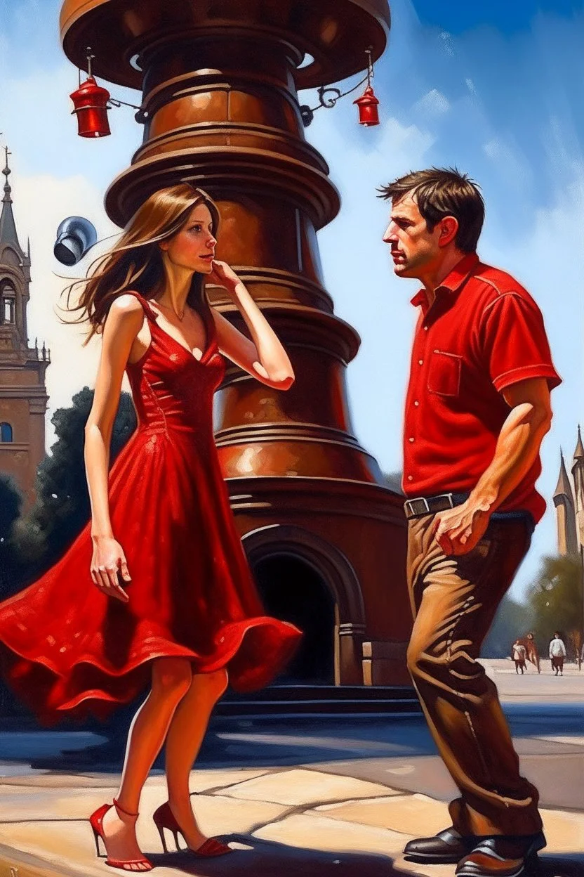 A girl collides with a man and he catches her in the middle of the road and they look at each other with the bells around them ringing, the girl wears a short red dress exposed from the shoulders, and the man wears jeans and catches an oil painting Photorealistic Behind them is a tower containing a big bell