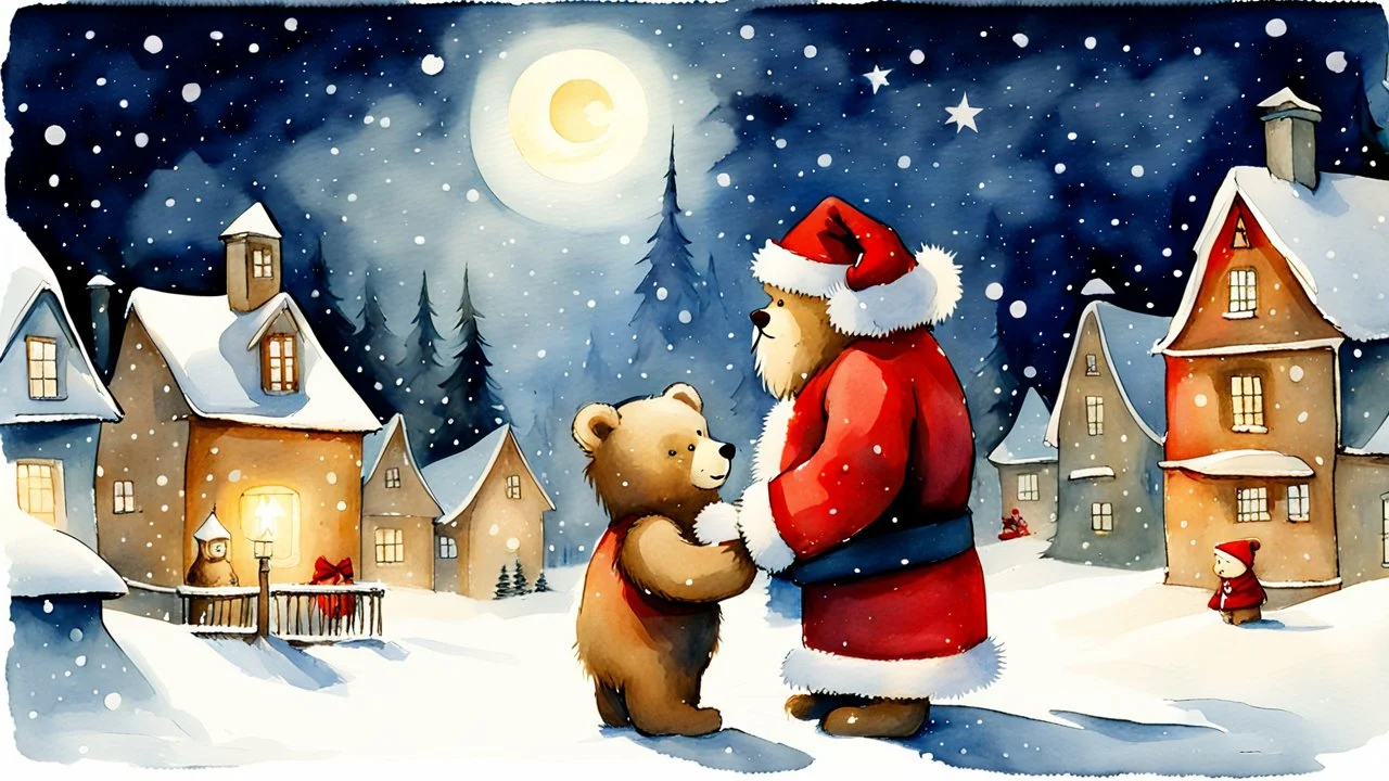 (one) merry little teddy bear Santa Claus ((giving presents )) to teddy bear ((cubs)) in a snowy winter town in the night, 1963, watercolor, (style of Gabriel Pacheco:1.3), front view, magic winter vibe
