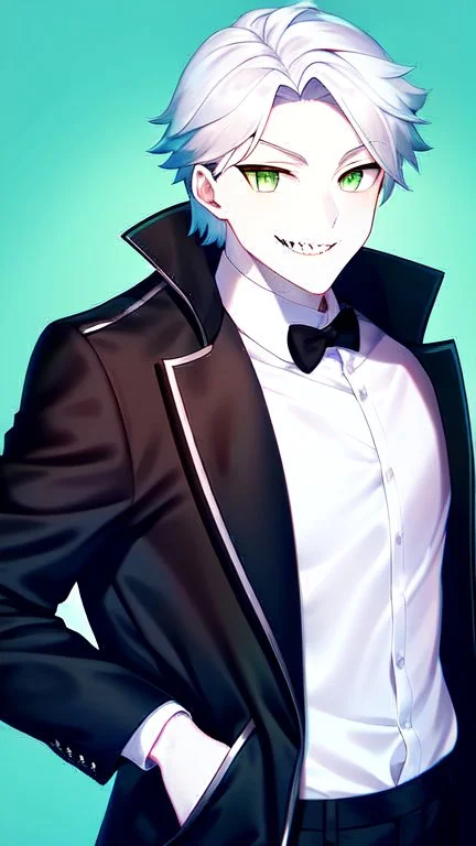 plauge doctor in balck leather coat and suit with silver hair, pale skin and bright green eyes smiling with sharp teeth, nice young face, male, viscious smile