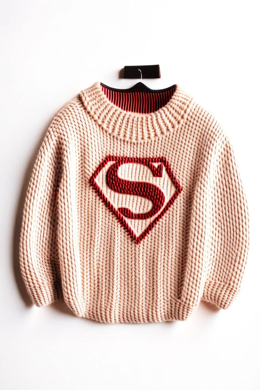 The Superman's Balenciaga sweater Winter elegant inspired by Superman's emblem design beige tones with dual color on a white background, product catalog photography, soft spot lighting, depth of field, 4k –ar 3:5 –q 2