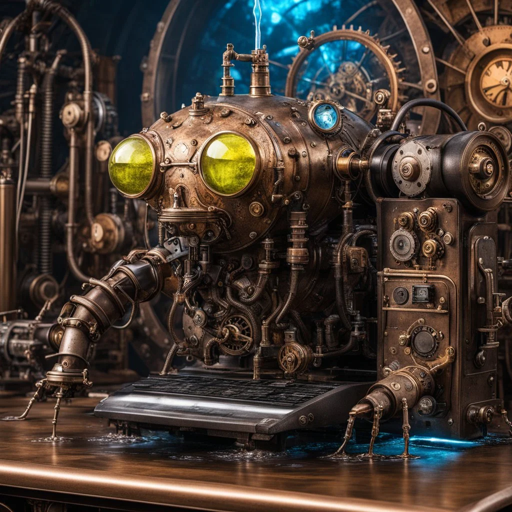 creature made of liquid in front of a steampunk computer