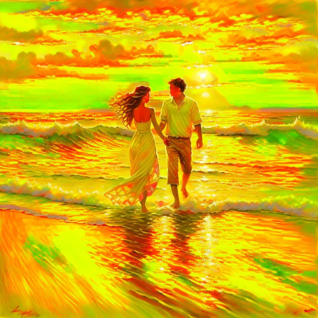 Amidst the beach's embrace, a youthful couple walks, love radiating effortlessly. Sunset's golden touch paints them, shadows intertwining. Her flowing dress mirrors the boundless sky, his gaze, pure devotion. Laughter mingles with waves, creating a symphony. A universe of affection resides in stolen glances, entwined fingers, smiles. Time pauses, their love the focal point. The world fades, leaving their profound connection aglow.