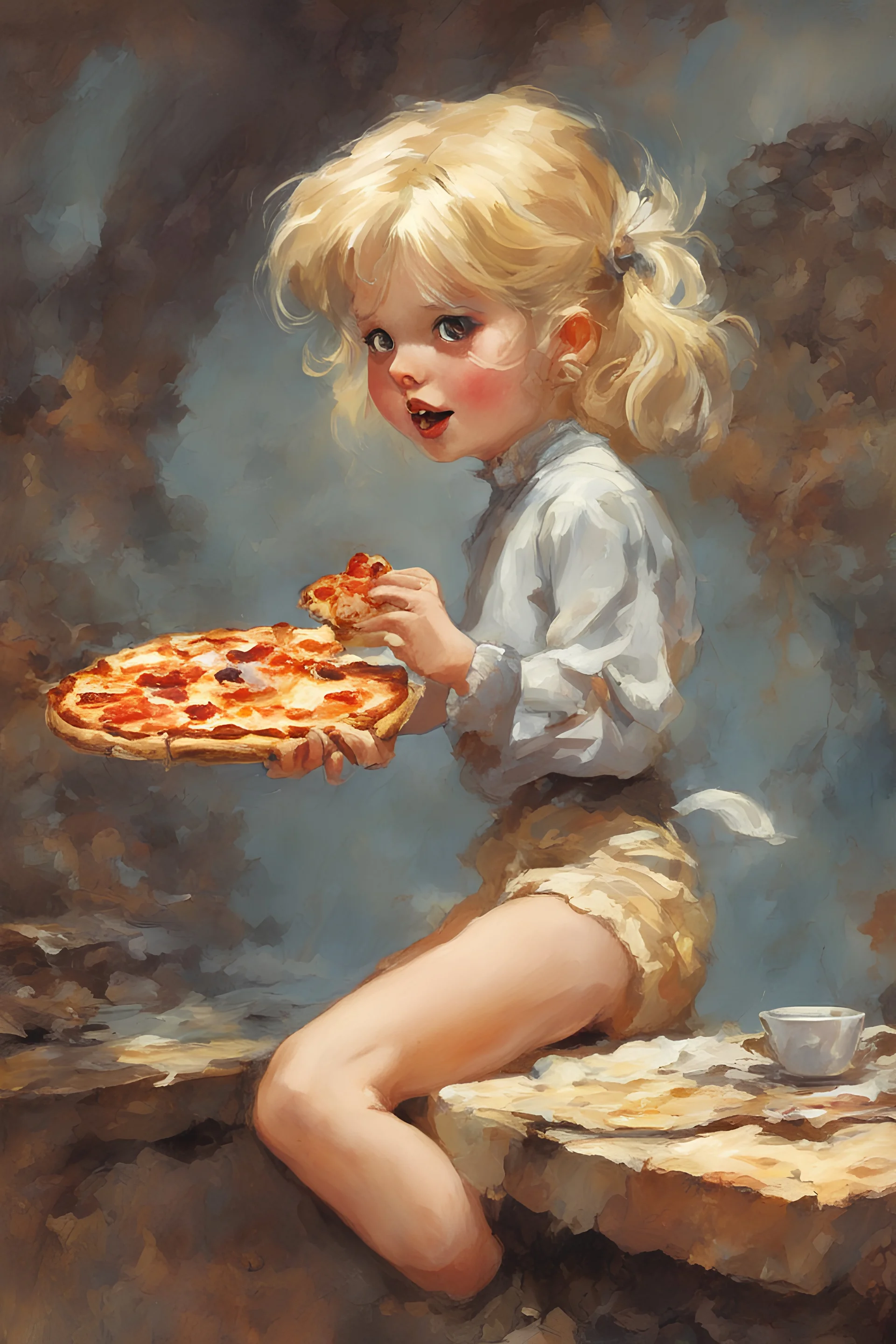 full color anime - a tiny little blonde girl in shorts and a turtleneck sweater eating a slice of pizza - digital art by Frank Frazetta