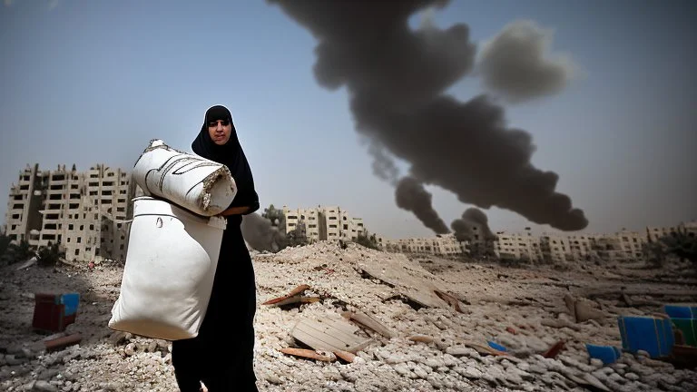 A Palestinian woman wearing a dress carrying very large bags of flour on her back, bending her back down in the destroyed Gaza City, and aid boxes descending from planes near the sea, with a large number of children looking up.