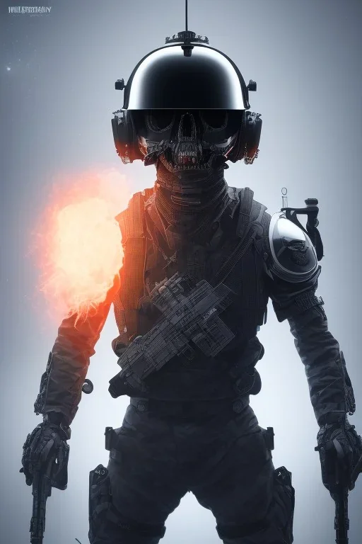 All black British soldier, high tech skull special forces helmet, shiny platinum helmet, white smoke, dark, rage, sorrow, high definition, ultra 8 k, volumetric lighting, blue fire, fog