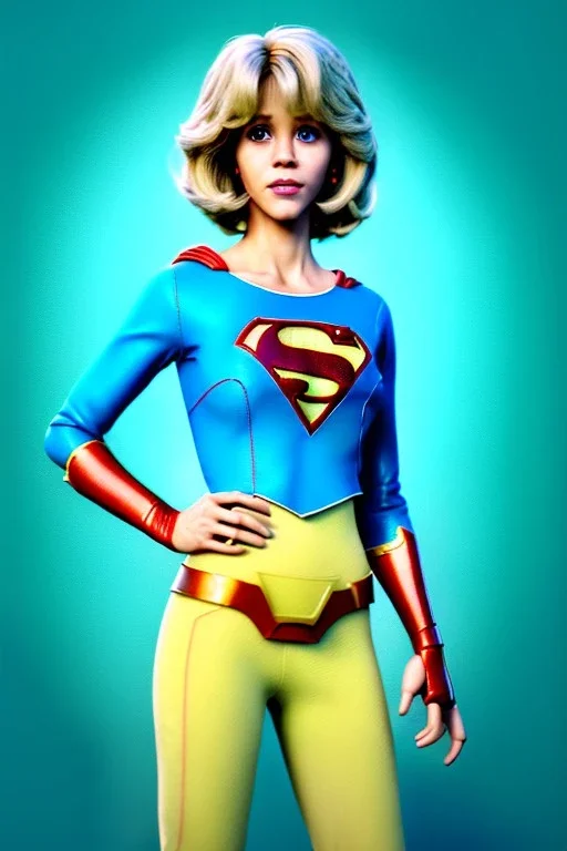 Waist up portrait, blonde, Jane Fonda, make-up, happy, Realistic image, retro pop, 60s, supergirl, tights minimal dress, sweat, Color background, photo studio, concept art, smooth, unreal engine 5, god lights, ray tracing, RTX, lumen lighting, ultra detail, volumetric lighting, 3d, finely drawn, high definition, 4k.