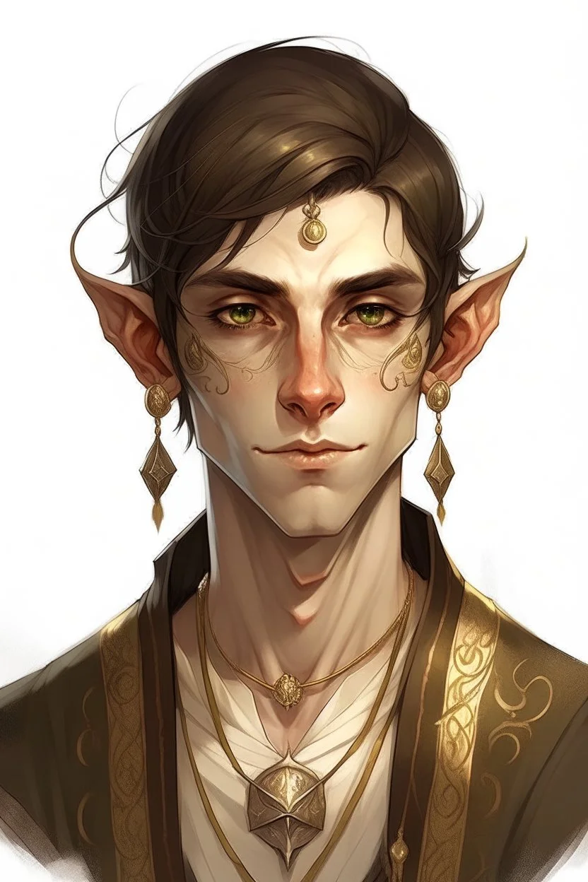 a wealthy half elf young man with pointy ears and gold sclera eyes with no pupils, wears lots of jewelry