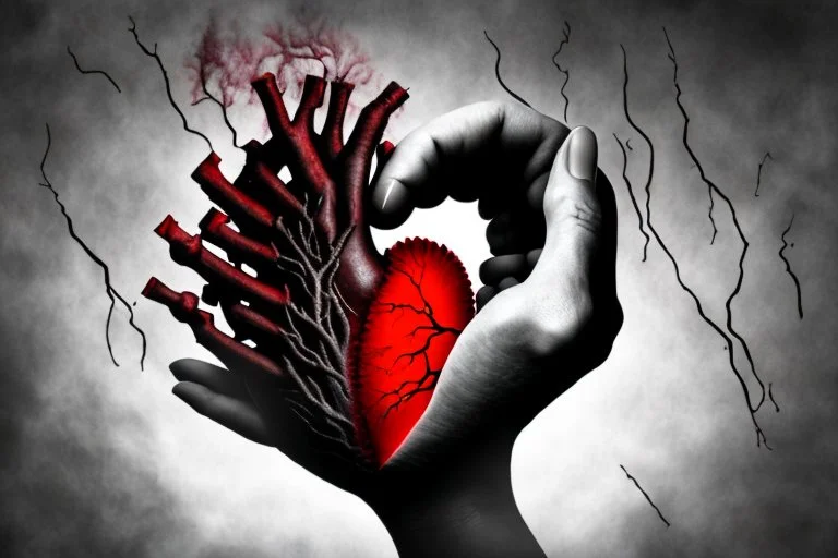 A black hand gripping a human heart, squeezing all blood out of it, foggy, surreal