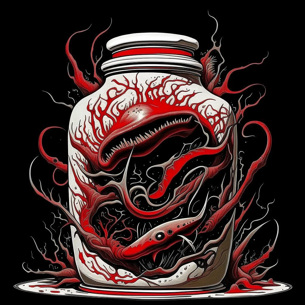 ceramic jar with phantasmal pestilence horrors escaping, neo surrealism, by Gerald Scarfe, by Tomasz Setowski, smooth matte painting, nightmare, dark violent colors, red color slashes.