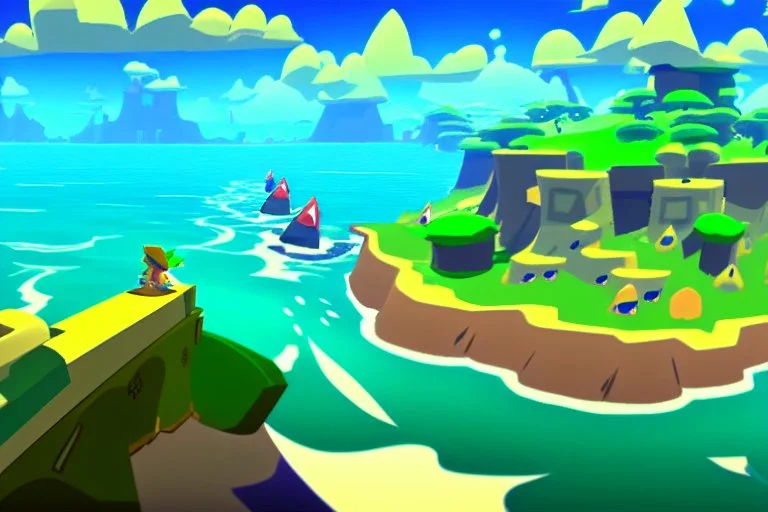 Legend Of Zelda: Wind Waker style view of a vast ocean, stylized, colorful, adventurous.