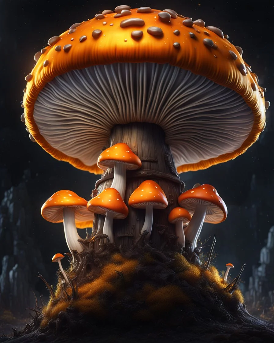 A solitary floating mushroom house on a clear night. silver and yellow and orange, Dark cosmic interstellar. Detailed Matte Painting, deep color, fantastical, intricate detail, splash screen, hyperdetailed, insane depth, concept art, 8k resolution, trending on Artstation, Unreal Engine 5, color depth, backlit, splash art, dramatic, High Quality Whimsical Fun Imaginative Bubbly, perfect composition